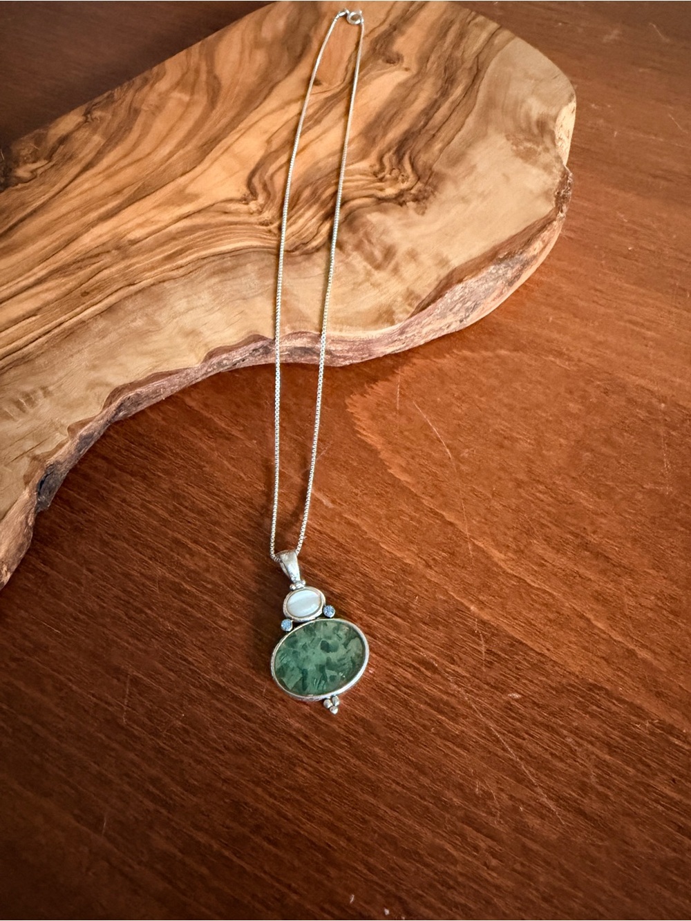 Sterling Silver Pendant Necklace with Green and White Stones